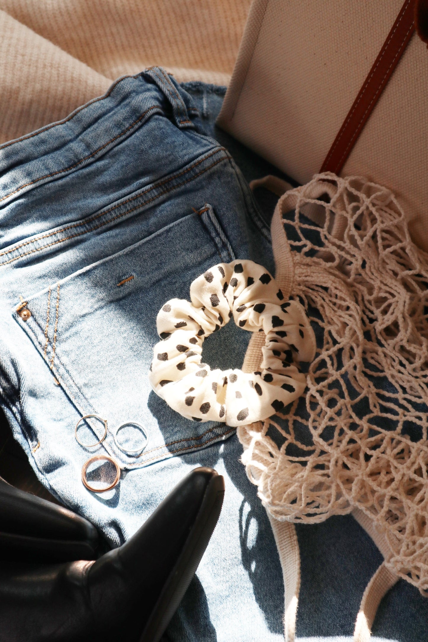 Hair Scrunchie - Cream Dots